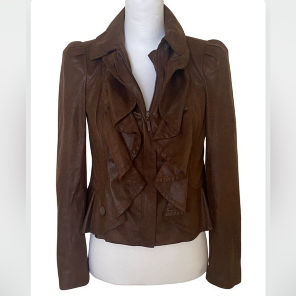 INC International Concepts Faux Suede Brown Ruffle Zip Up Jacket Petite PET XS/S